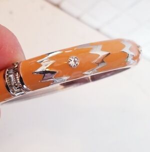 Elegant Peach & Enamel Bangle Clamp Bracelet Gold & Crystal Accents Vintage